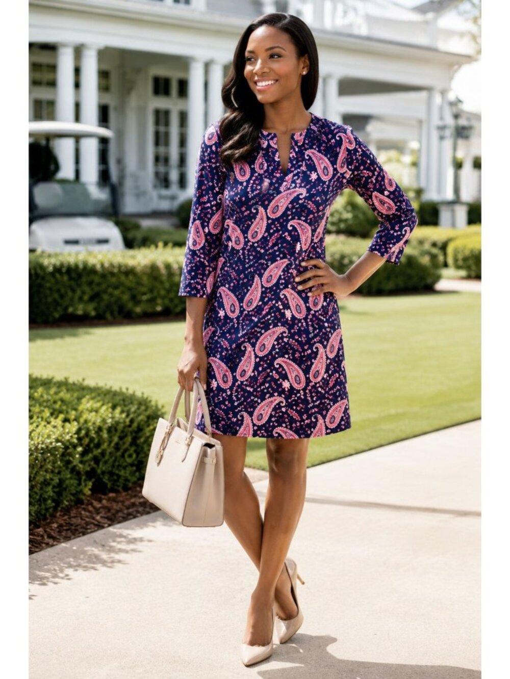 Talbots NWT Paisley Cotton Knit Shift Dress Navy Pink Women’s Size M  classic